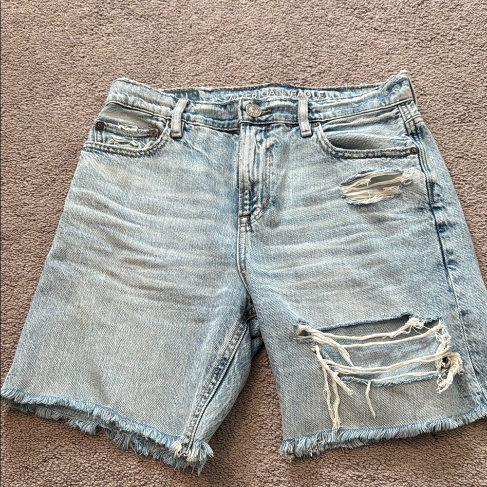 American Eagle Outfitters Women's Distressed Denim Shorts - Light Blue Mom jeans